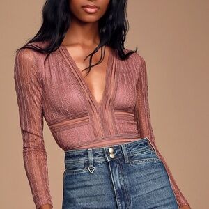 Lulu's Casita Mauve Pink Sheer Lace Long Sleeve Bodysuit